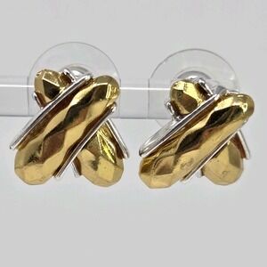 Vintage 90s Anne Klein Gold & Silver Tone X Diamond Cut Earrings Pierced